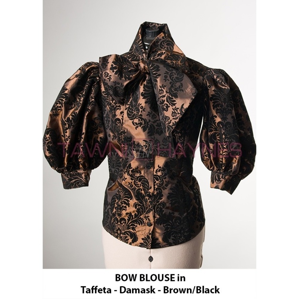 (B1) Tawni Haynes Brown Black Damask Taffeta‎ Bow Blouse Puff Sleeve XS 2 4
